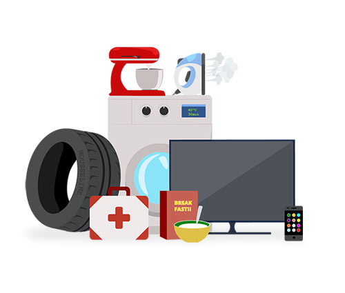 Ilustração com uma composição de elementos, onde é visível, da esquerda para a direita e de baixo para cima: um pneu, um kit de primeiros socorros, uma caixa de cereais e uma tigela com leite e uma colher, um ecrã e controlo remoto de televisão, uma máquina de lavar roupa, um robô de cozinha e um ferro de engomar.